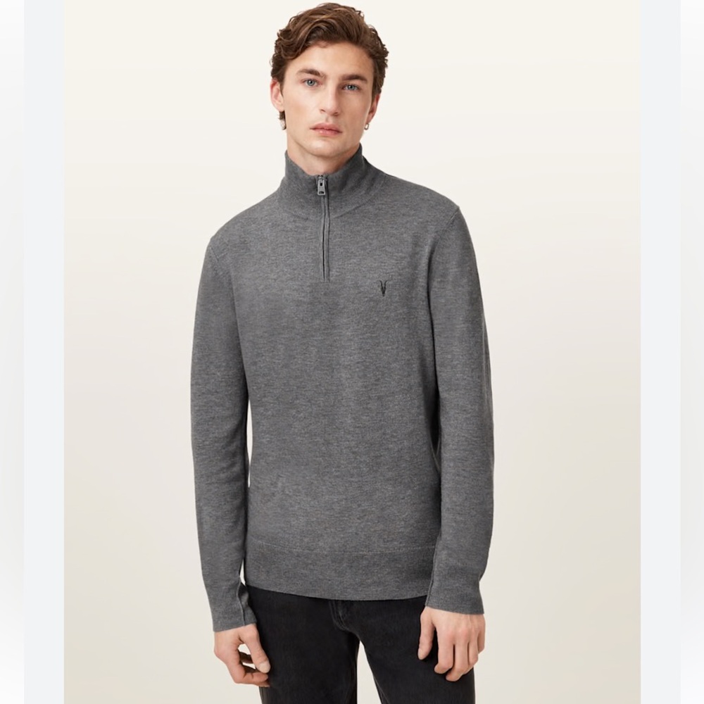 MEN’S ALL SAINTS KILBURN‎ ZIP FUNNEL NECK RAMSKULL JUMPER SWEATER PULLOVER EUC